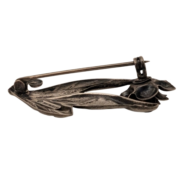 ROSE FLOWER Sterling Silver Vintage Retro Brooch Leaf Pin - Picture 4 of 9